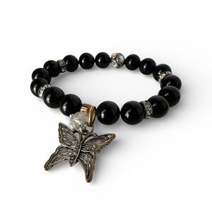 Elegant Black Beaded Bracelet with Butterfly Charm